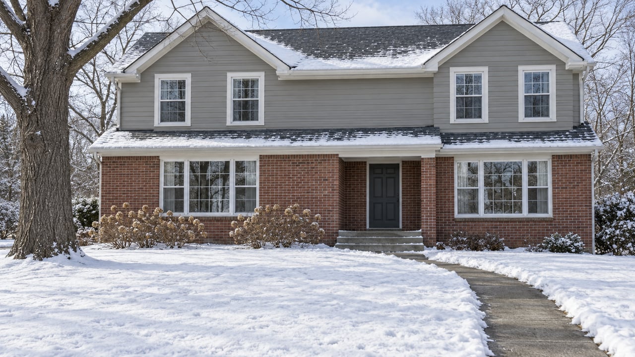 Snow-covered front lawn leading to a two-story brick-and-gray-clapboard home beneath the bare branches of a mature white oak.