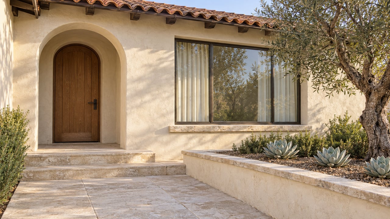 Morning light across a weathered ivory stucco home with a clay-tile roof, arched oak entry, limestone steps and silver-leaved olive tree.