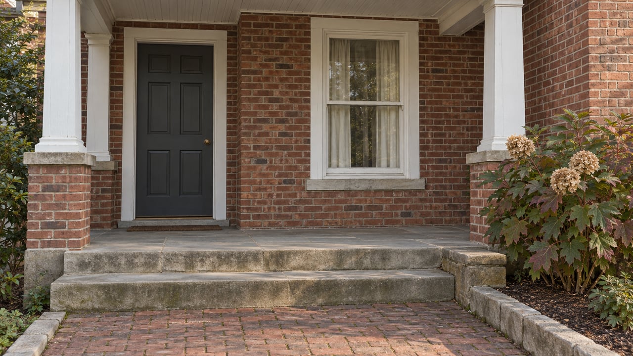 Brick home entry with a charcoal door, white timber window trim, worn sandstone steps, and an oakleaf hydrangea.