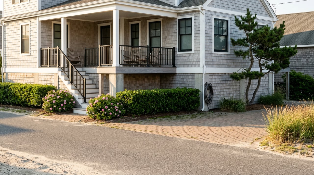 Raised cedar-shingle coastal home with porch stairs, pink roses, and a narrow lane crossed by long shadows.