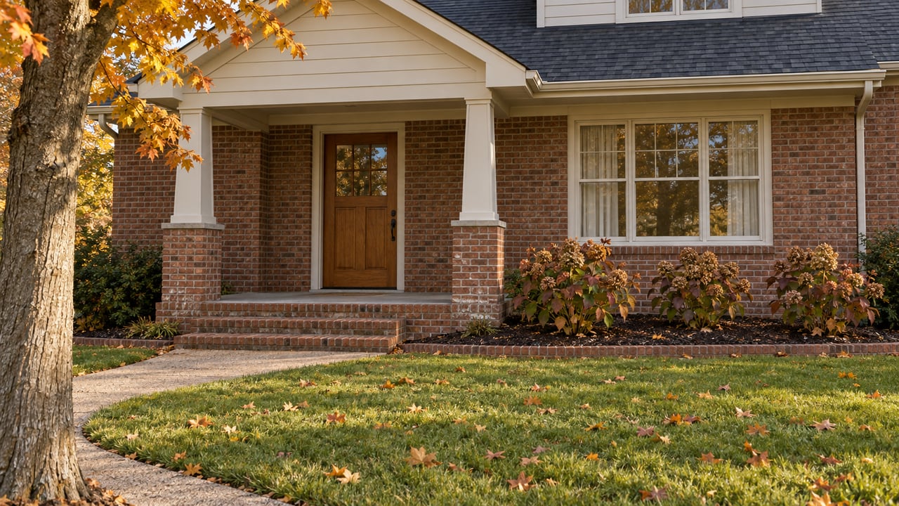 Autumn lawn and curved concrete walk leading to a brick home's covered porch with cream siding and an oak front door.