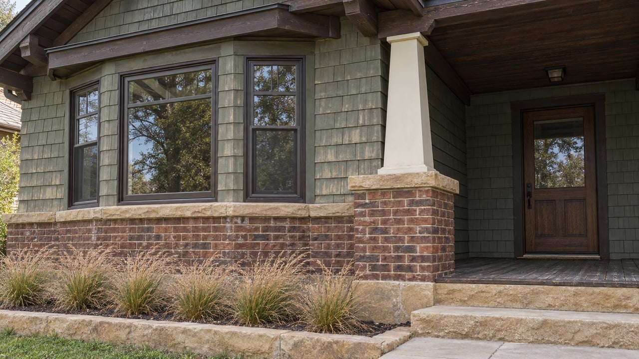 Sage shingle house with a glazed bay window, tapered porch post, ironspot brick base and sandstone steps beside tawny blue grama grass.