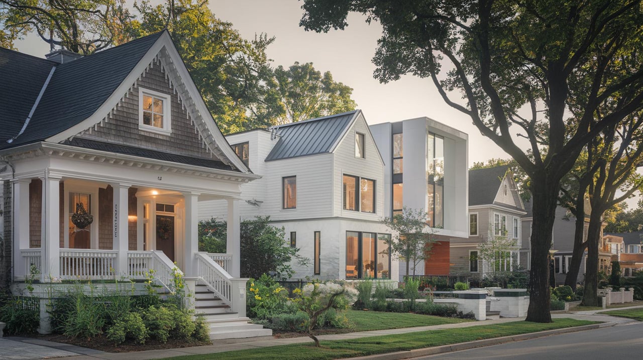 White clapboard cottage beside modern white homes, framed by mature trees along a residential street.