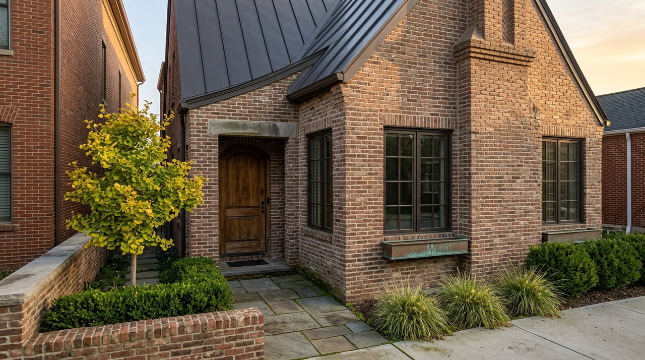 Urban infill home with a recessed arched oak door, brick facade, and a ginkgo just turning gold.