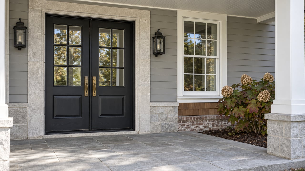 Covered entry with black double doors, pale stone surround, gray siding and an oakleaf hydrangea beside stone paving.