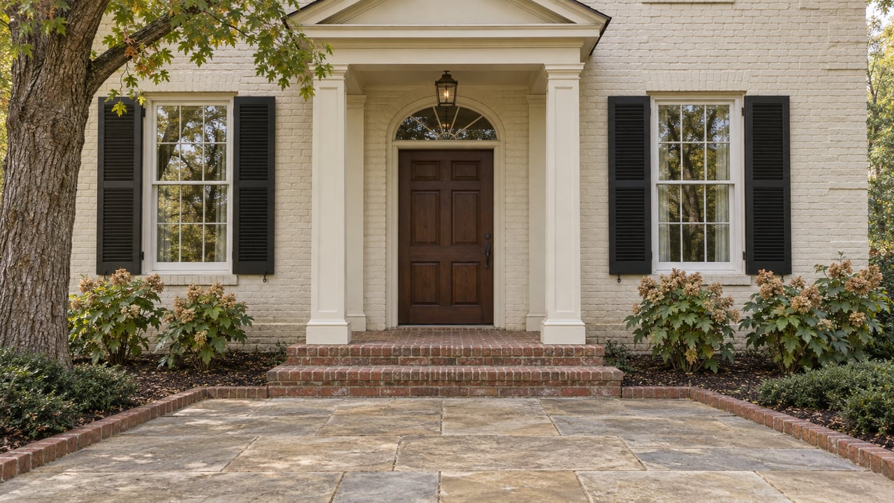 Ivory painted-brick home with a dark oak entrance, arched fanlight, paired shuttered windows and a limestone approach bordered by oakleaf hydrangeas.