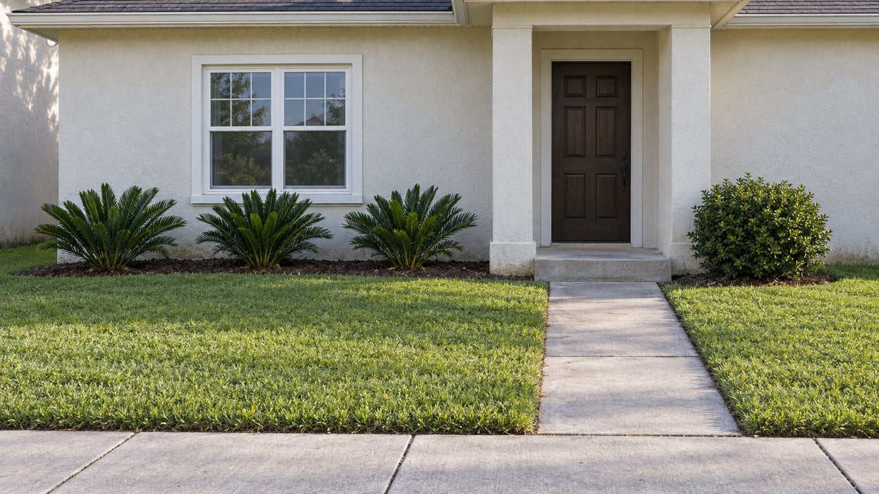 Stucco house entry with a dark wood door, divided-pane window, straight walk, and sparse foundation planting.
