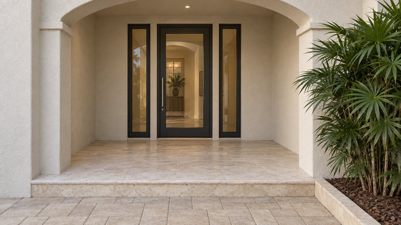 Ivory stucco entrance arch framing a charcoal glazed door and matching sidelights above a pale limestone landing, with a single lady palm beside the approach.