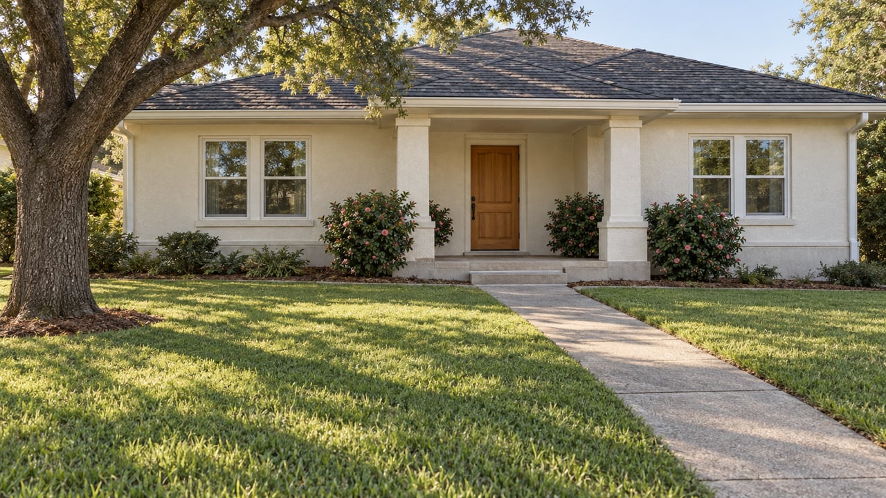 An ivory single-story home beyond a deep green lawn, with a shaded porch and mature spreading oak in afternoon light.
