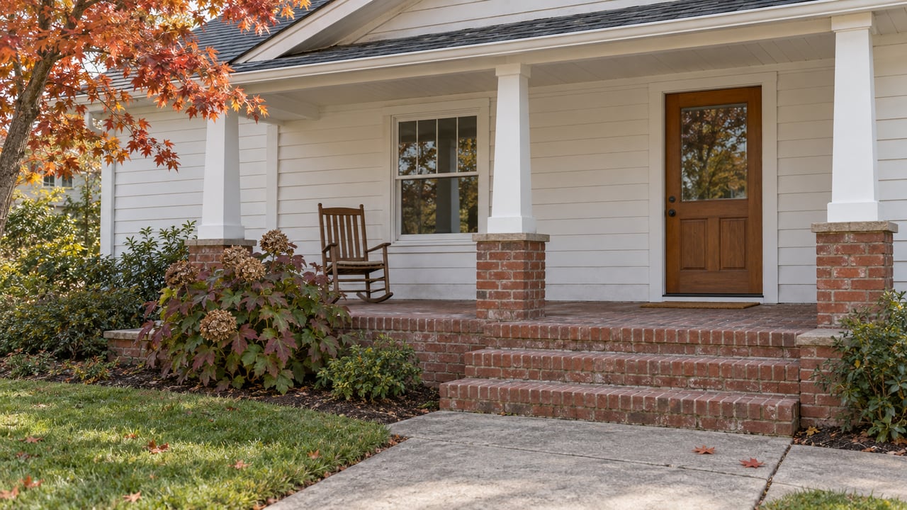 An inviting modest house porch with warm-white siding, red-brick steps, a timber door and autumn maple leaves.