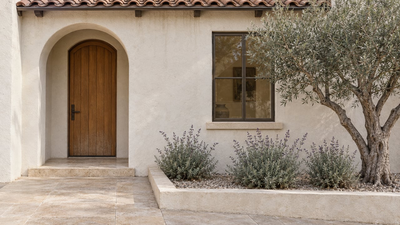 Warm-white stucco home entry with an arched oak door, bronze-framed window, limestone walk and a sculptural olive tree in a raised planting bed.