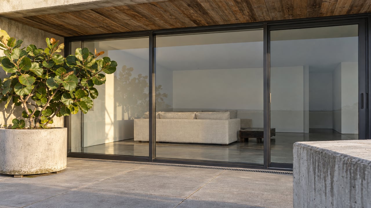 Covered residential terrace with dark-framed glass doors, timber soffit, concrete paving, and a sculptural sea grape tree beside an enclosed living room.