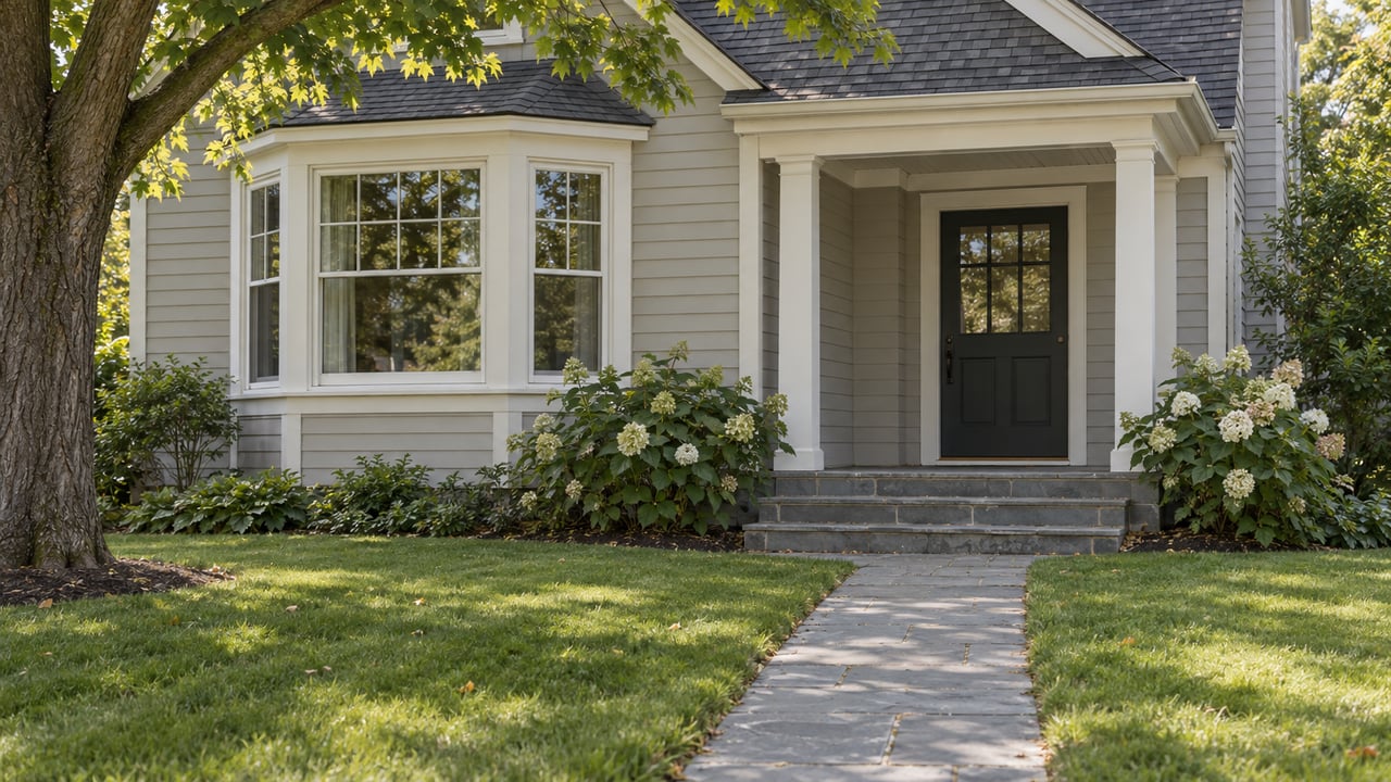 Pale gray clapboard house with a projecting bay, recessed porch, bluestone walk, and mature maple.