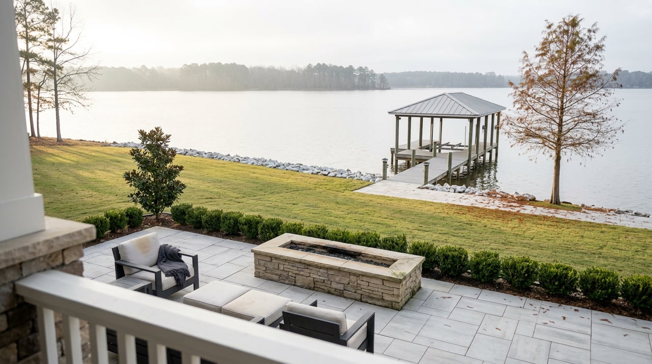 Waterfront patio with stone fire feature, lounge furniture, sloping lawn, dock, and calm water beyond.
