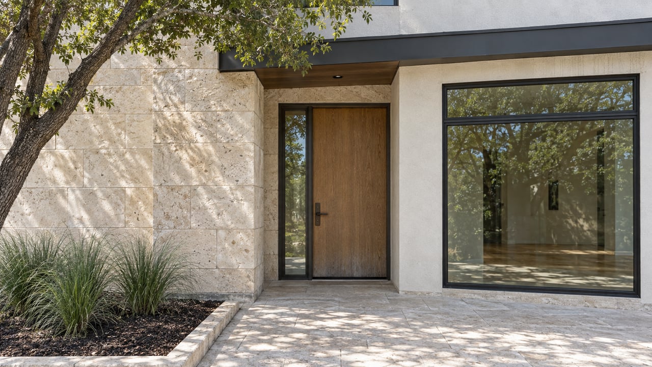 Contemporary home entry with pale limestone, an oak front door, black-framed glazing and an oak-shaded stone approach.