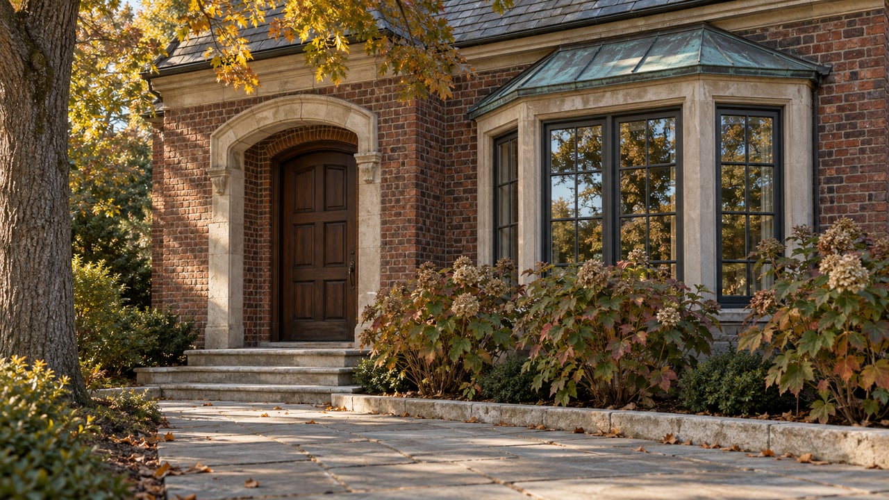 Brick house entrance with a dark paneled door, projecting bay window, flagstone path, and bronzing hydrangeas.