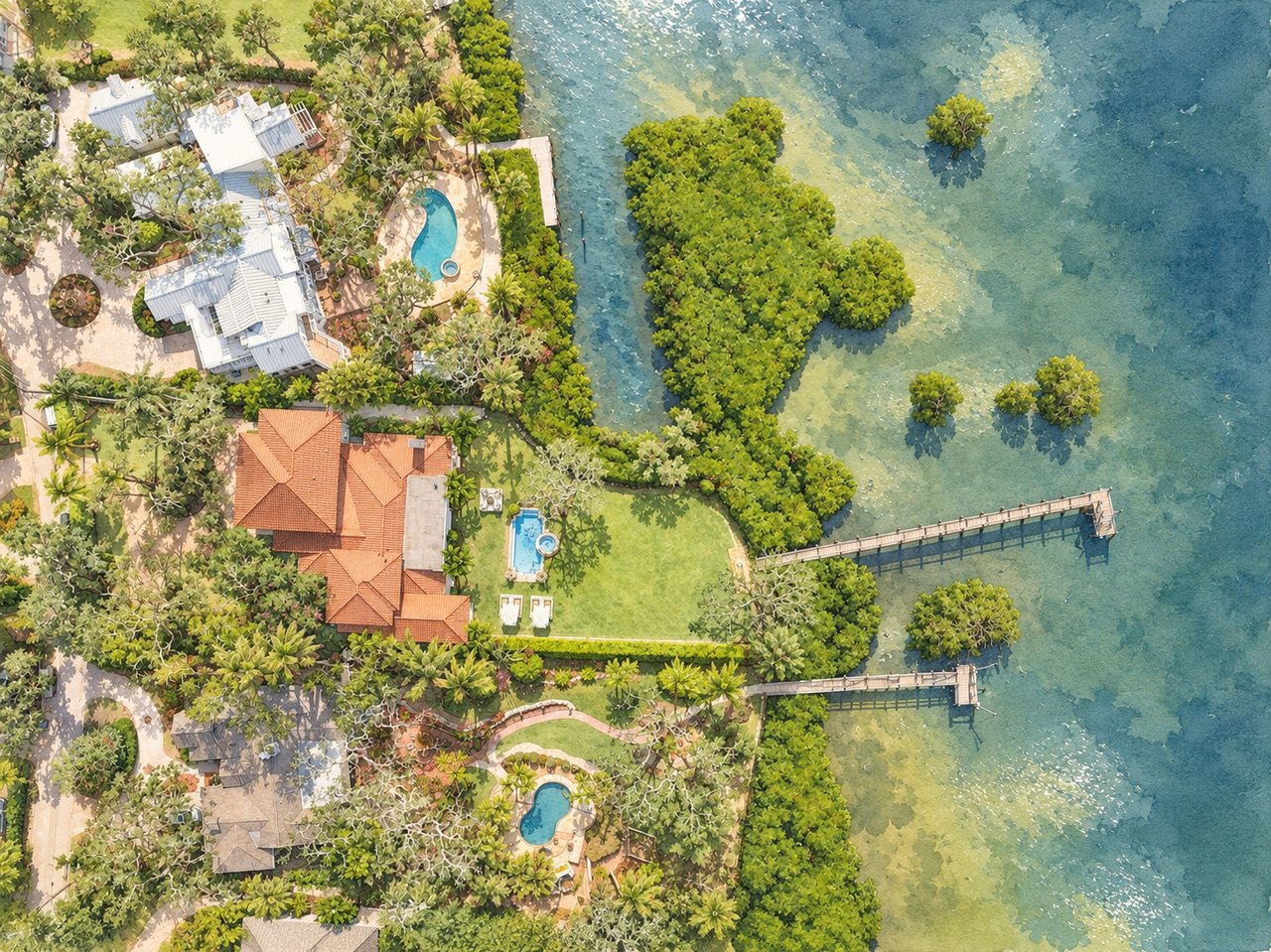Aerial view of waterfront homes with pools and private docks along a mangrove-lined shore.