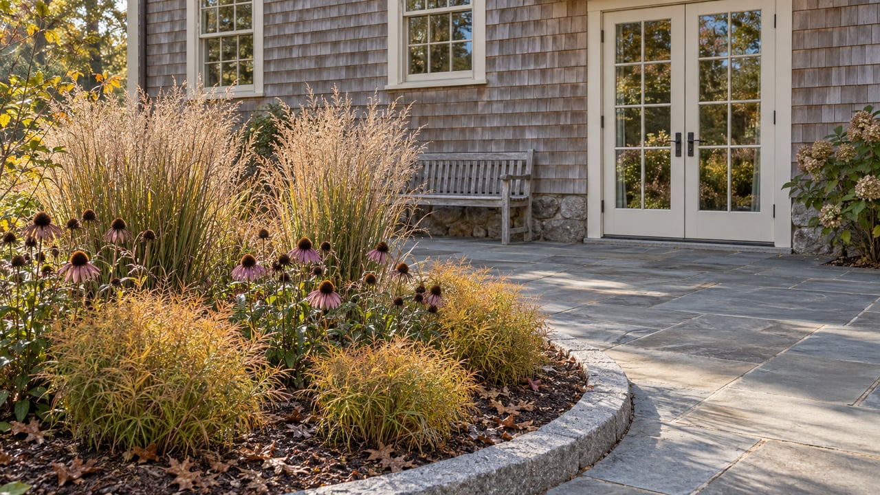 Autumn perennial seed heads beside a bluestone terrace and a weathered cedar-shingle home with ivory French doors.