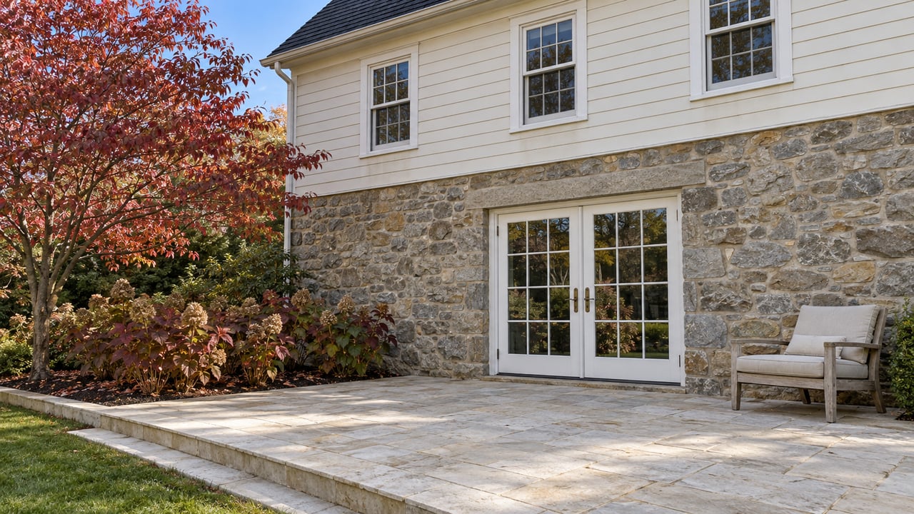 Autumn light falls across a pale stone terrace beside a fieldstone and cream-sided home, with glazed doors, a teak chair, and red dogwood foliage.