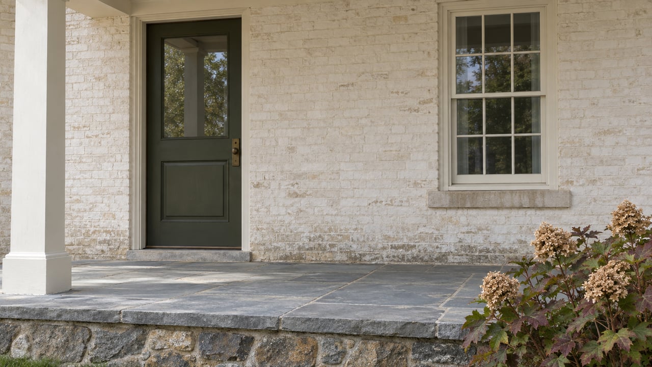 Close view of a traditional painted brick home's covered entry, with an olive timber door, sash window, worn slate porch and oakleaf hydrangea.