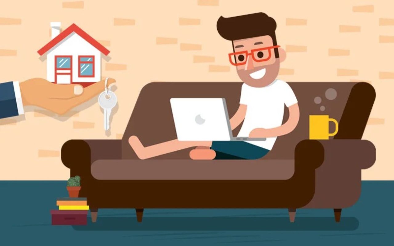 Illustration of a man using a laptop as a hand offers him a house and keys.