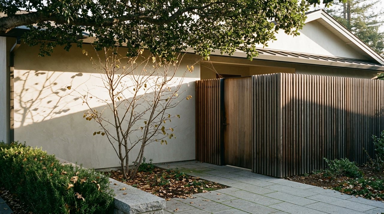 Home entry with stucco, a cedar slat screen, granite path, and oak canopy casting dappled shadows.