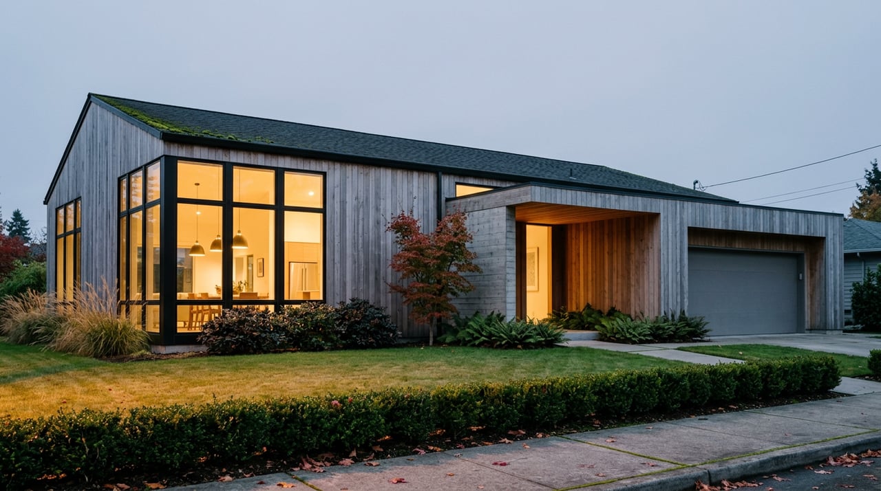 Cedar-sided suburban home glowing through floor-to-ceiling windows, with a Japanese maple beside the entry.