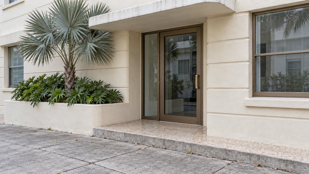 Ivory stucco apartment entry with a bronze-framed glass door, raised terrazzo landing, and a fan palm in a planter.