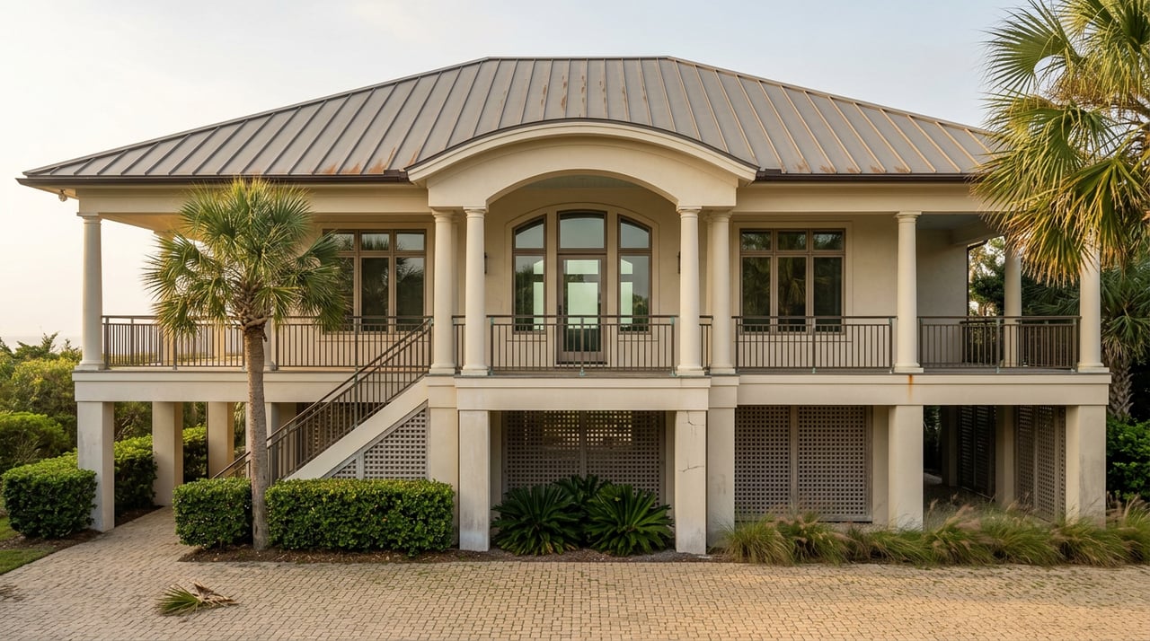 Elevated coastal home with cream stucco facade, wraparound porch, exterior stairs, and shell-paver drive.