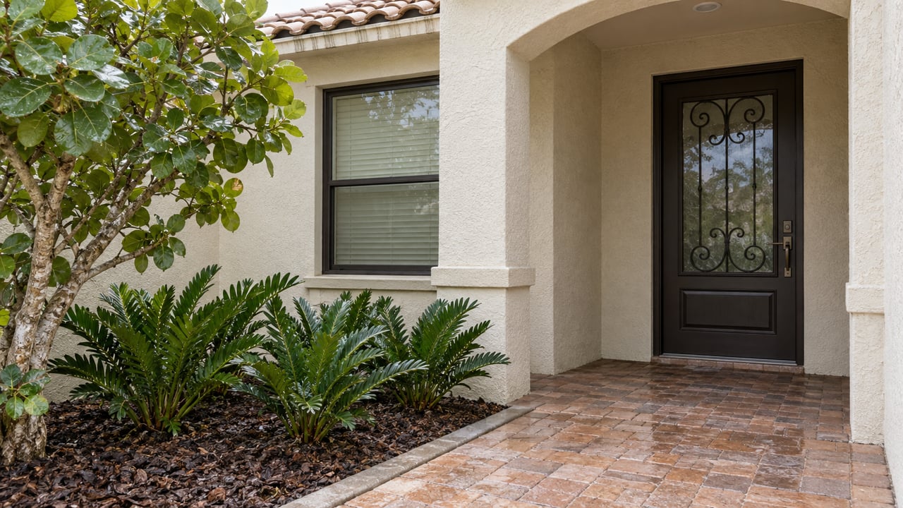 Covered cream-stucco entry with a bronze glazed door, tan roof tiles, damp brick pavers and carefully placed native plants.