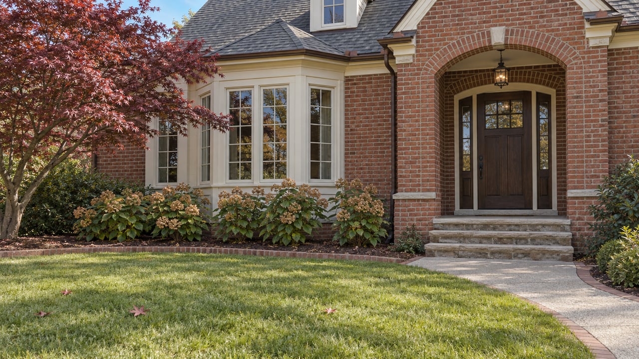 Brick and cream-sided home with an arched oak entry, stone steps and a deep lawn beside a burgundy Japanese maple.