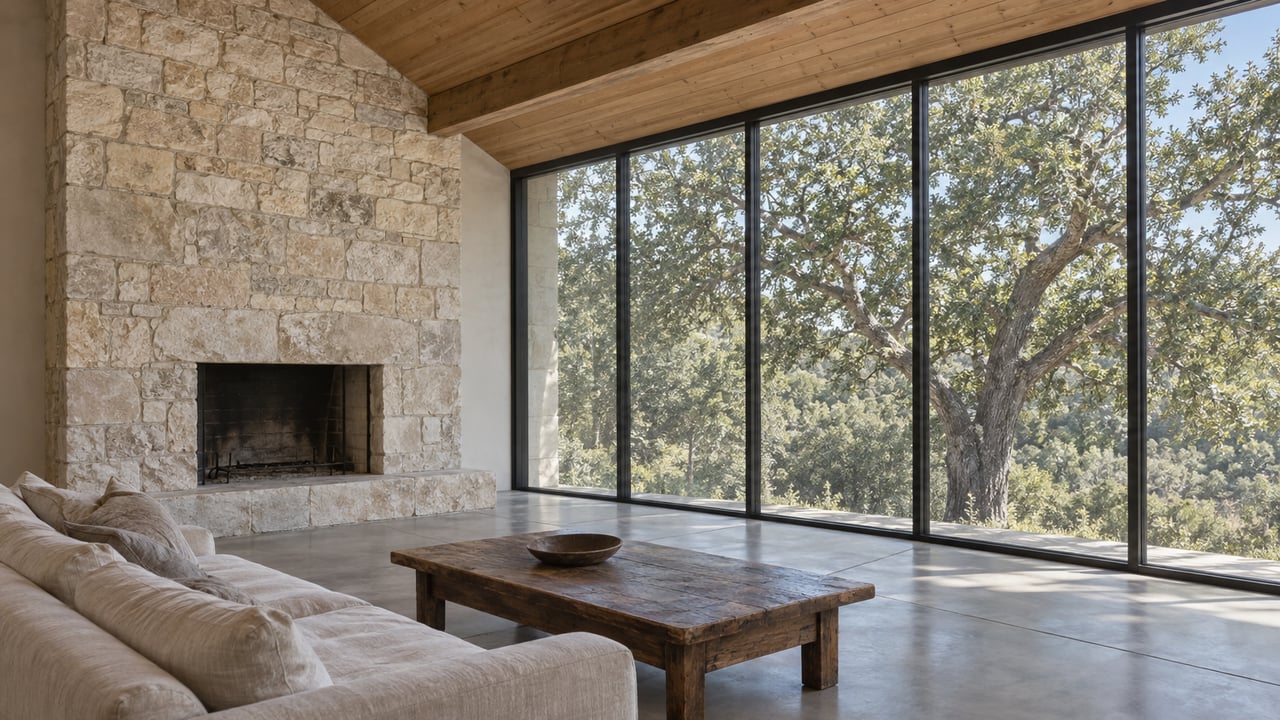 Great room with a pale limestone fireplace, oak ceiling, linen sofa, and glass wall overlooking an oak tree.