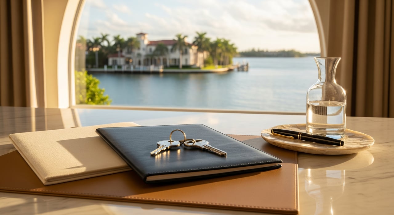 Keys rest on a dark folder beside a glass carafe, with a waterfront villa framed by an arched window.