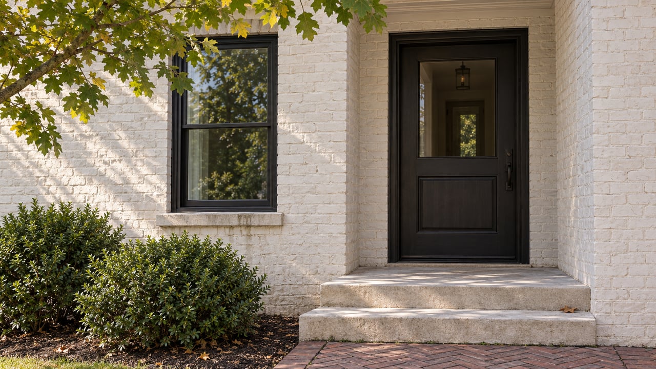 Dark wood front door in a warm-white brick entry, with a double-hung window, limestone steps, and oak leaves.