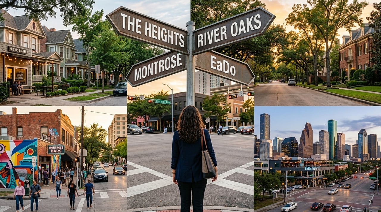 Woman standing at Houston neighborhood street sign crossroads pointing to The Heights, River Oaks, Montrose, and EaDo.