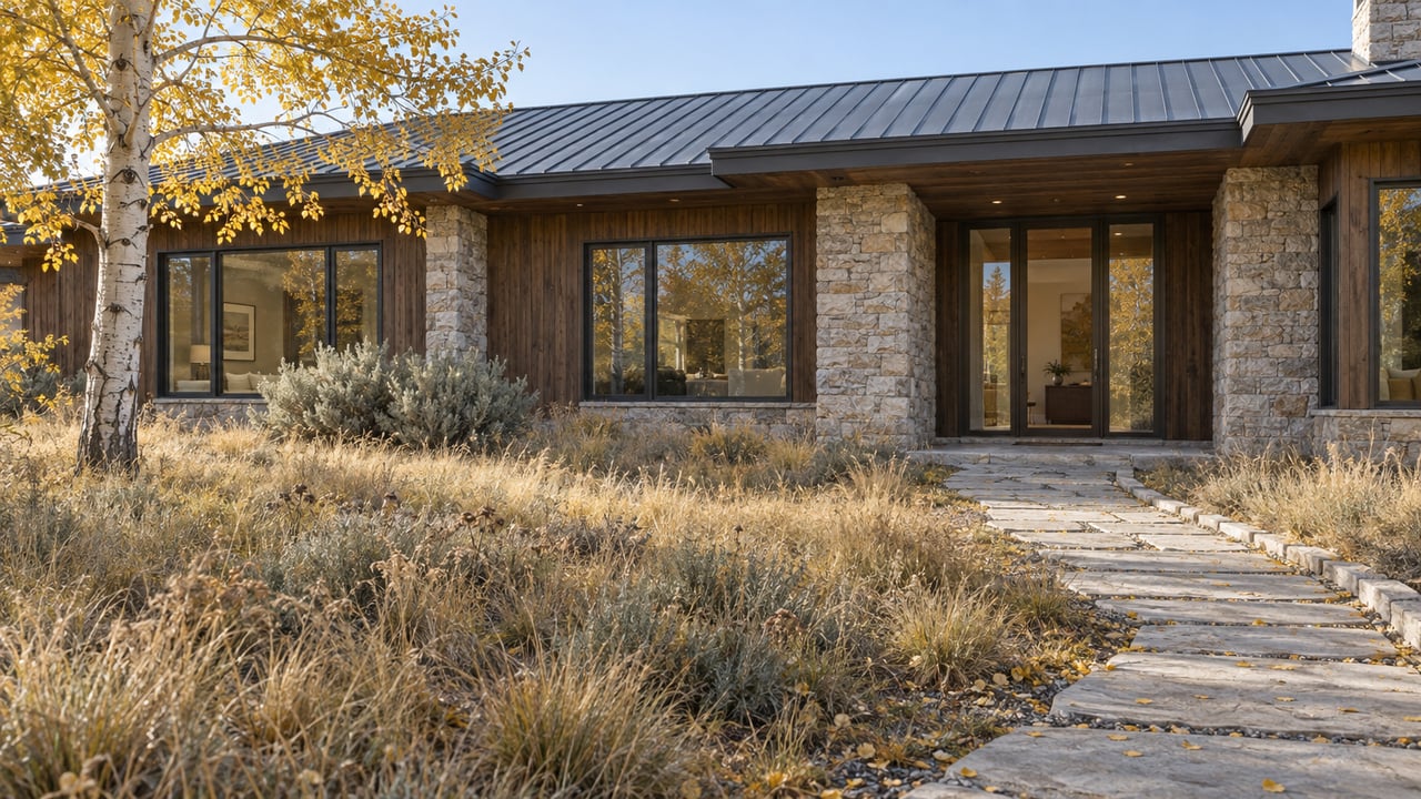 Low timber and limestone home beyond a tawny meadow, with a stone entry walk and a golden-leaved aspen.