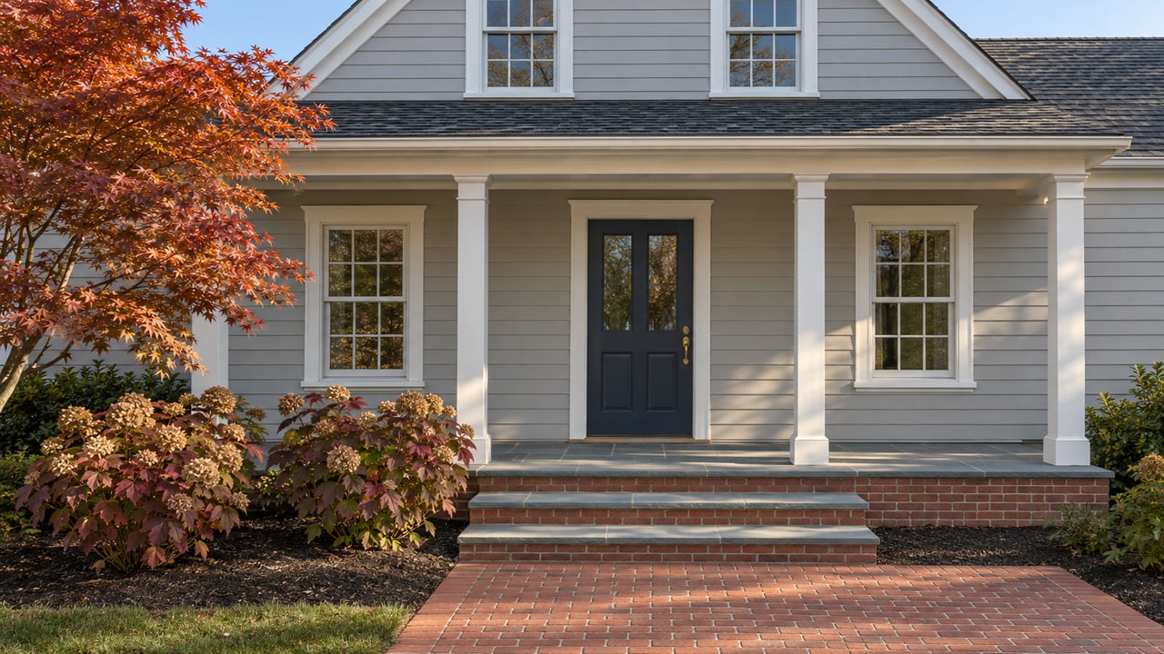 Gray clapboard home with a navy entrance door, paired windows, brick and bluestone steps, and russet autumn planting.