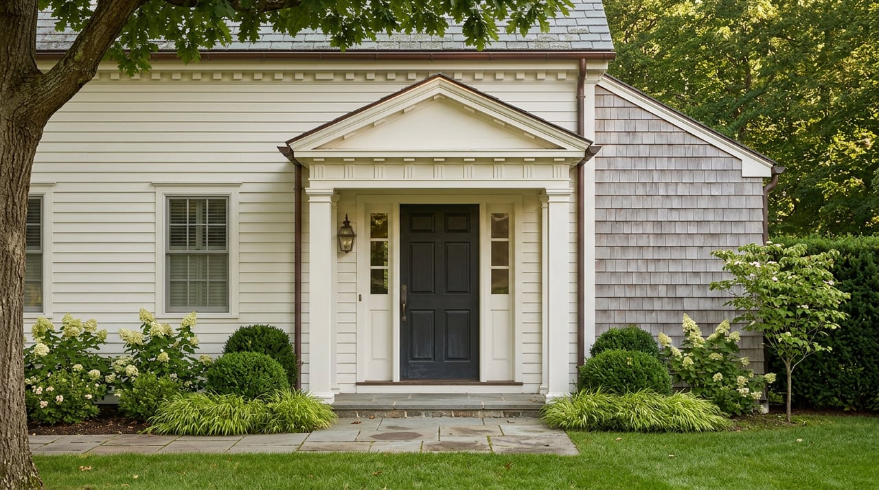 Wooden Colonial portico with dentil molding, near-black door, weathered flagstone landing, and gray cedar-shingle wing.