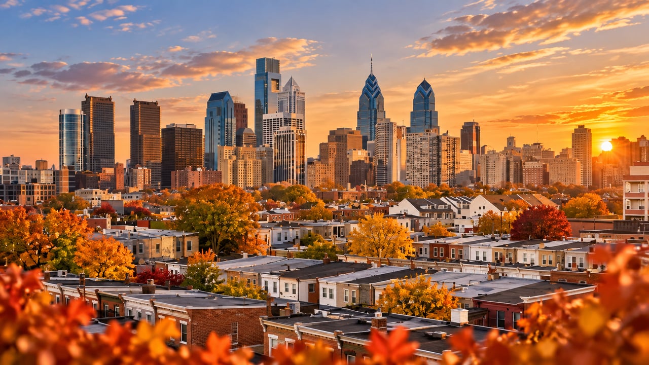 Philadelphia skyline and rowhouses framed by autumn foliage at sunset.