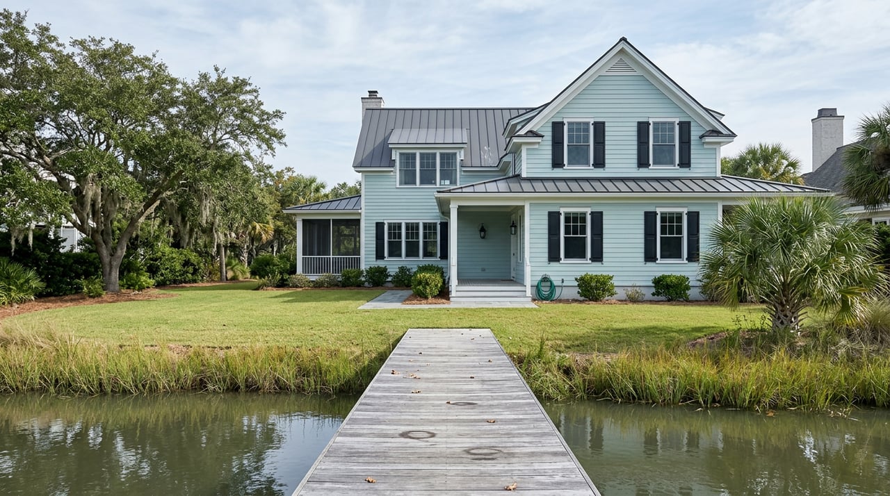 Two-story seafoam-blue coastal estate with a wood dock, open lawn, live oak, and screened porch beside a lagoon.