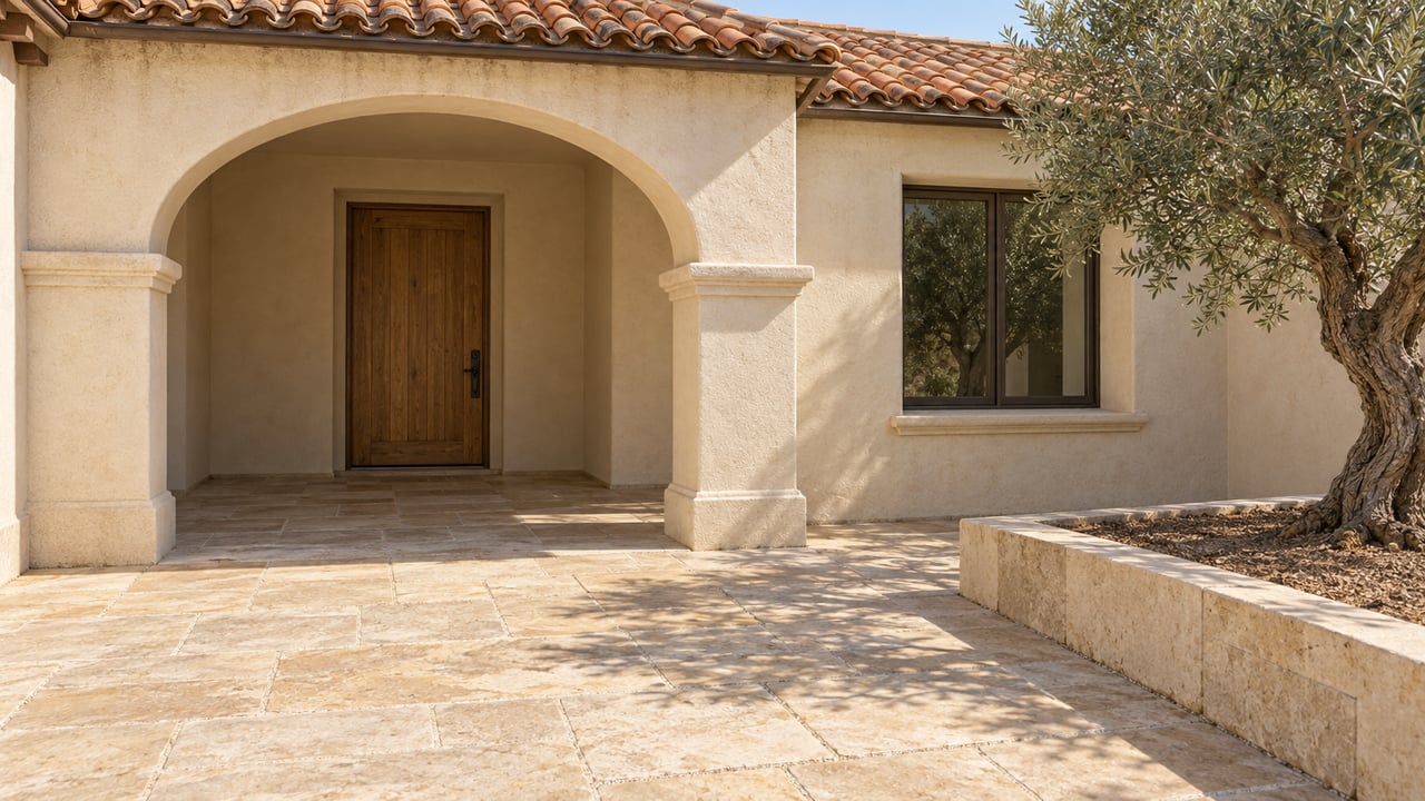 Cream stucco home with a terracotta roof, arched entry porch, oak front door, and limestone courtyard beside a mature olive tree.