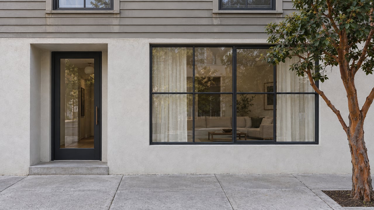 Gray wood and pale stucco residential facade with a recessed glass entry, broad living-room window and a sculptural strawberry tree beside the sidewalk.
