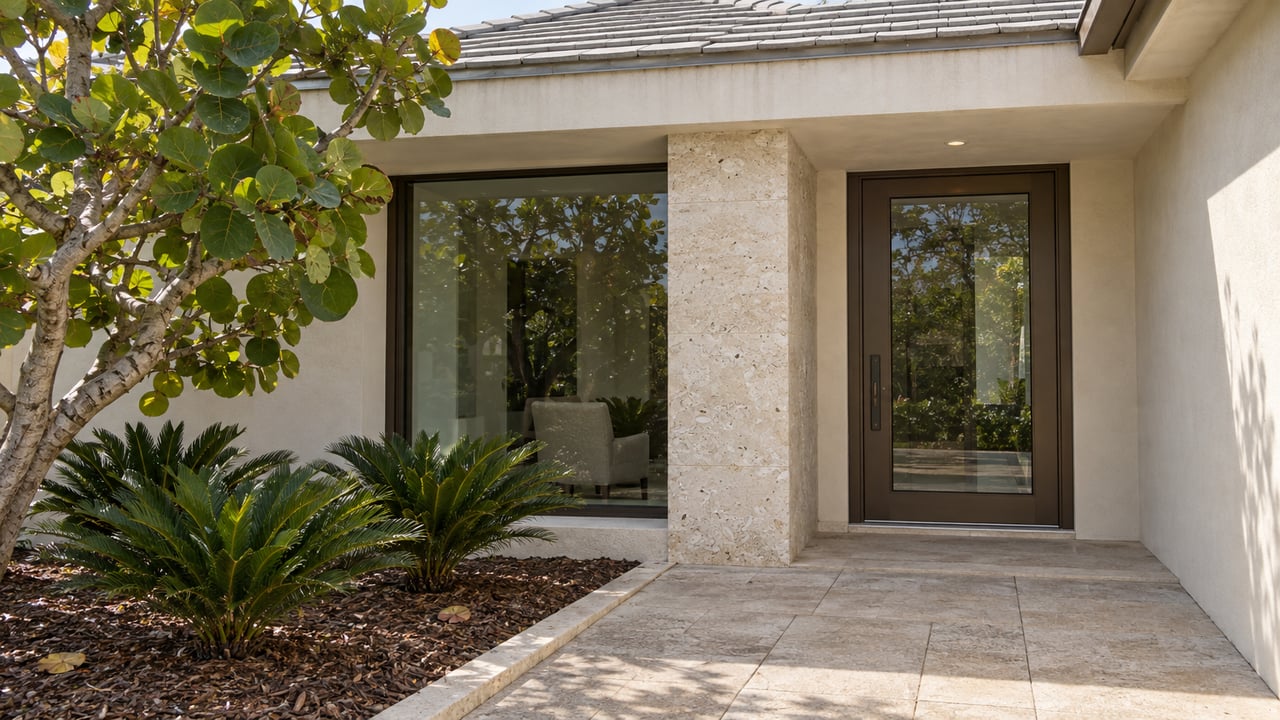 Sunlit ivory stucco home entry with bronze-framed glass, a shell limestone pier, pale pavers and sea-grape planting.