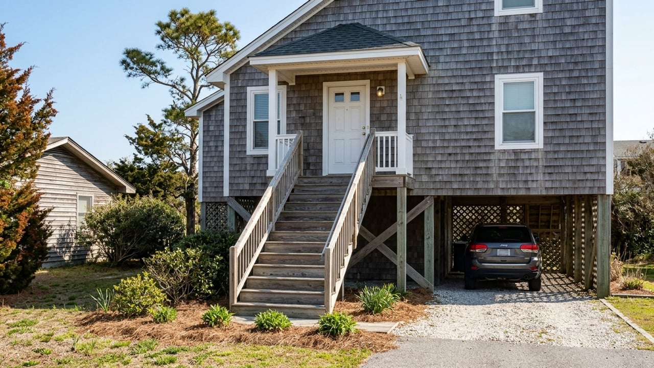 Elevated gray-shingle house with a long front staircase and a car parked beneath it.