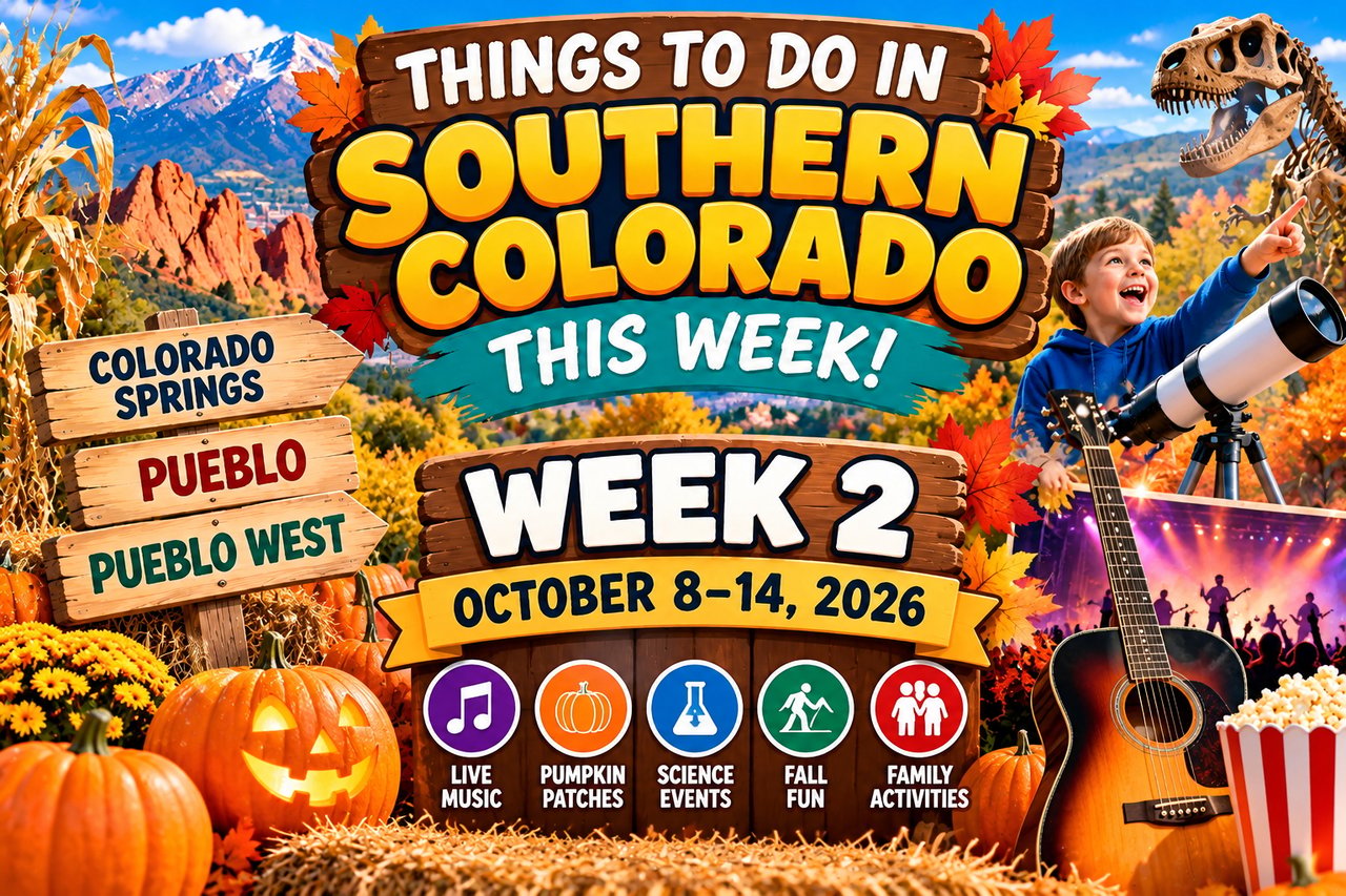 Southern Colorado events guide for October 8–14, 2026, featuring music, pumpkin patches, science, fall fun, and family activities.
