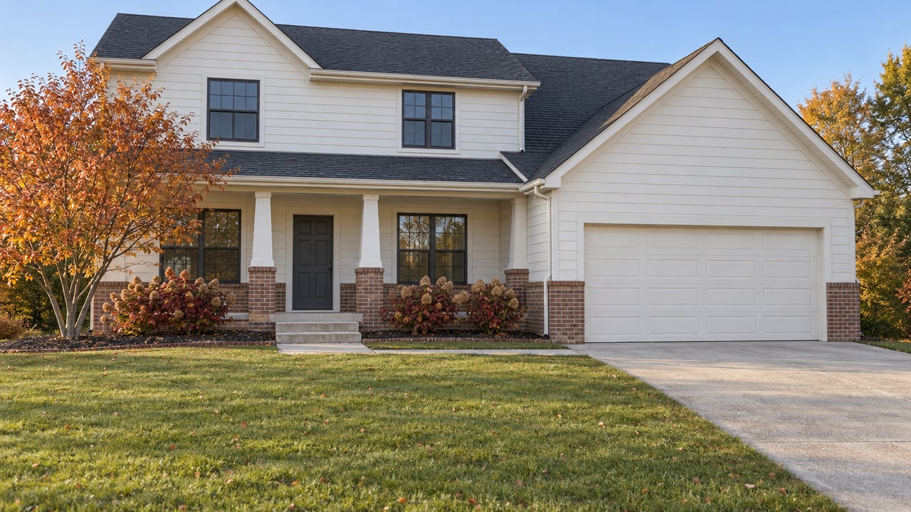 A gabled home with light siding, a brick porch, dark roof and autumn serviceberry tree beyond a deep green front lawn.