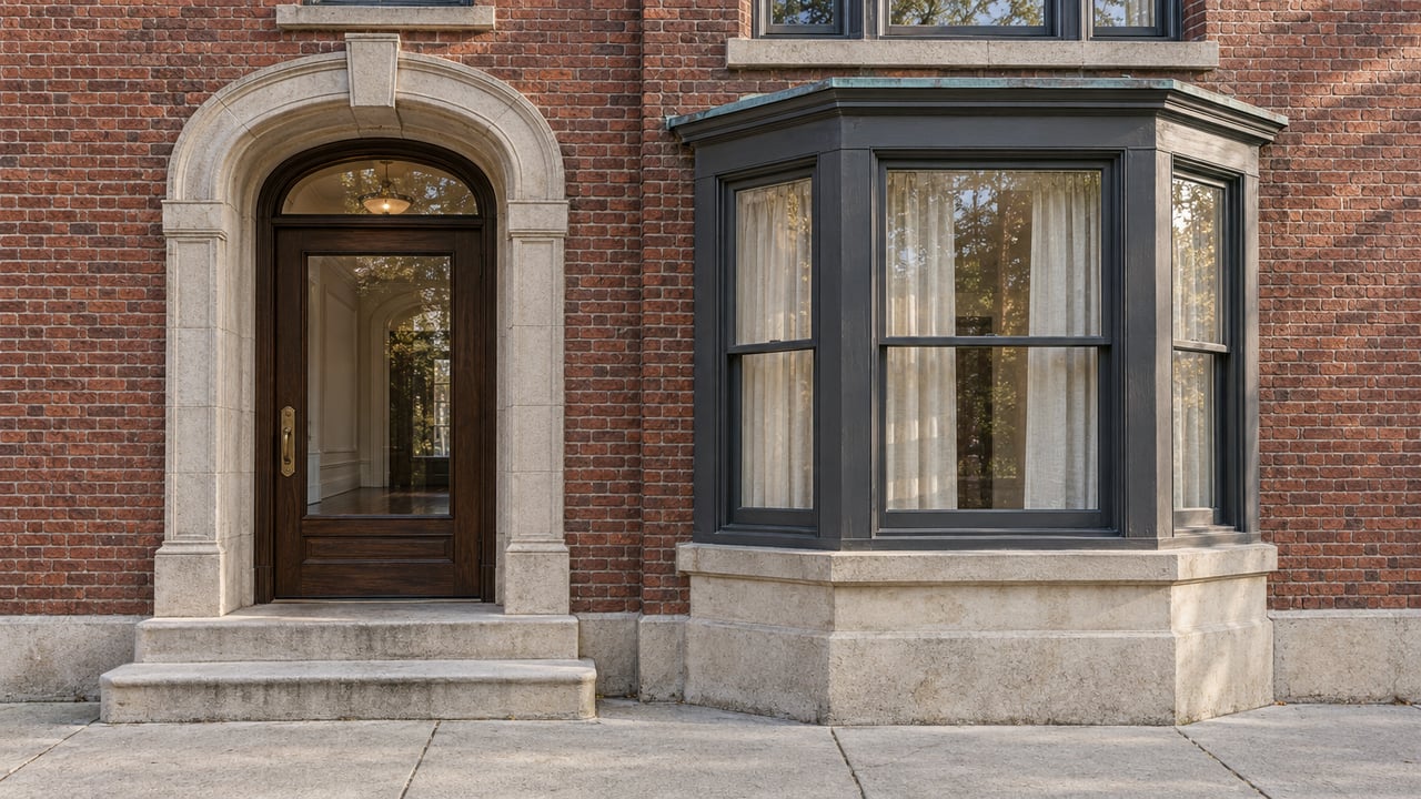 Red brick condominium entrance with a limestone arch, glazed oak door, and charcoal-framed window bay in autumn afternoon light.