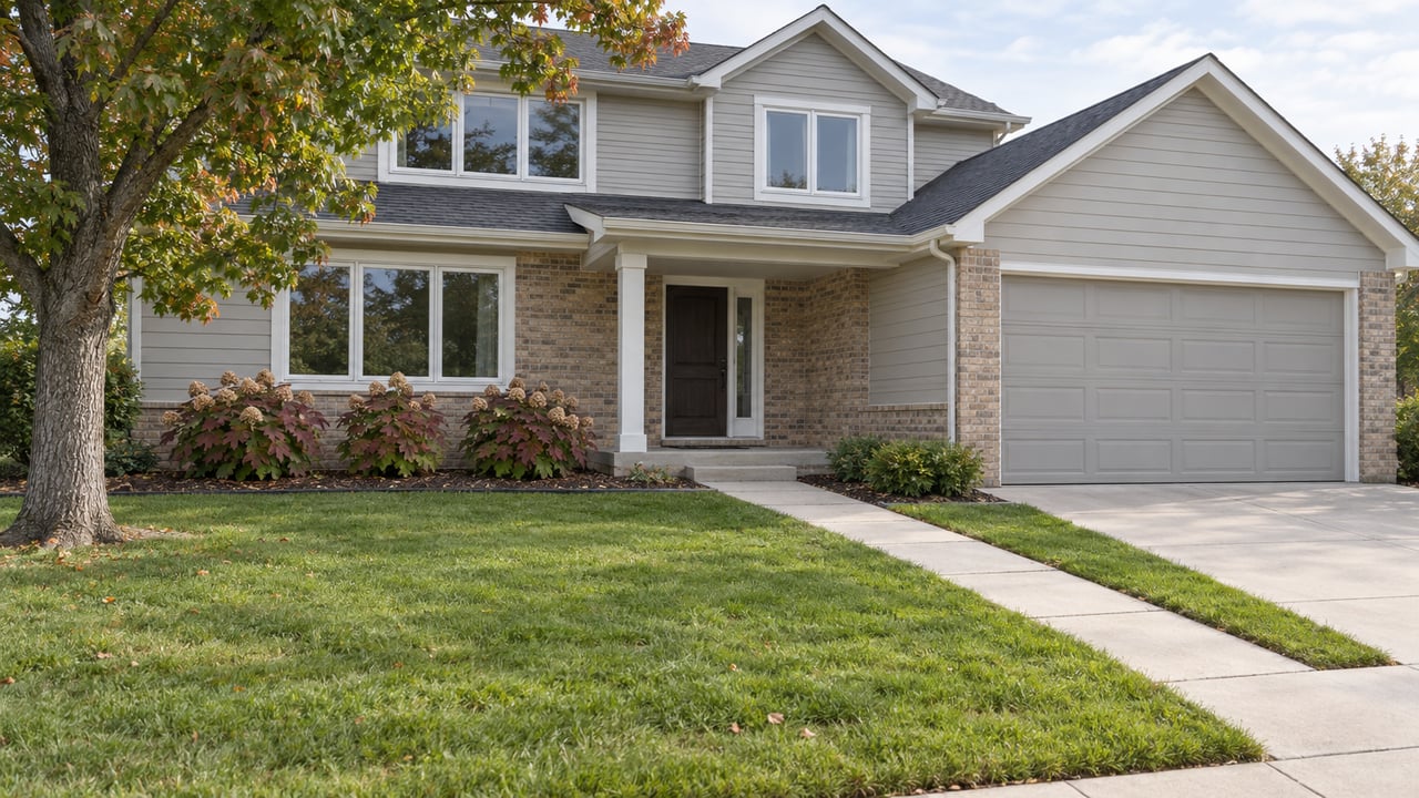 Light-sided cross-gabled home with buff brick entry, a broad front lawn and oakleaf hydrangeas in soft morning light.