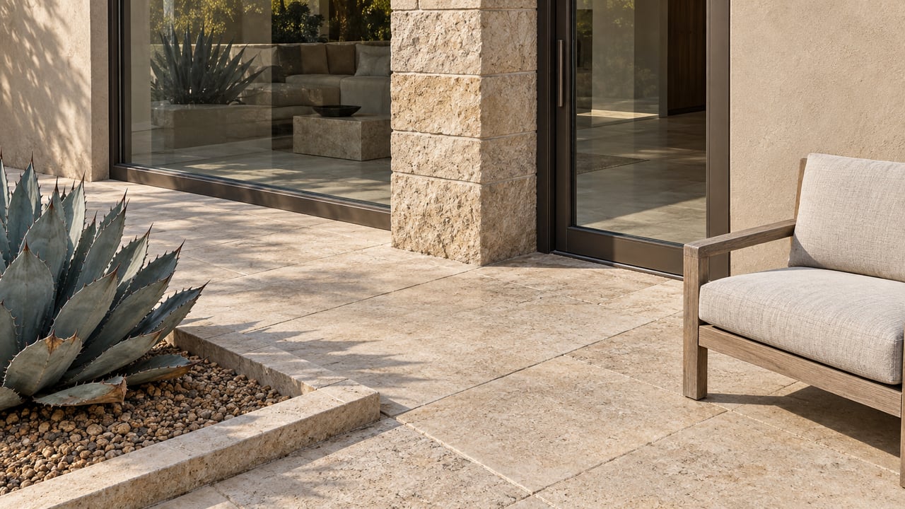 Close view of a limestone terrace beside bronze-framed glazing, with a teak lounge chair and a blue-gray agave in a recessed gravel bed.