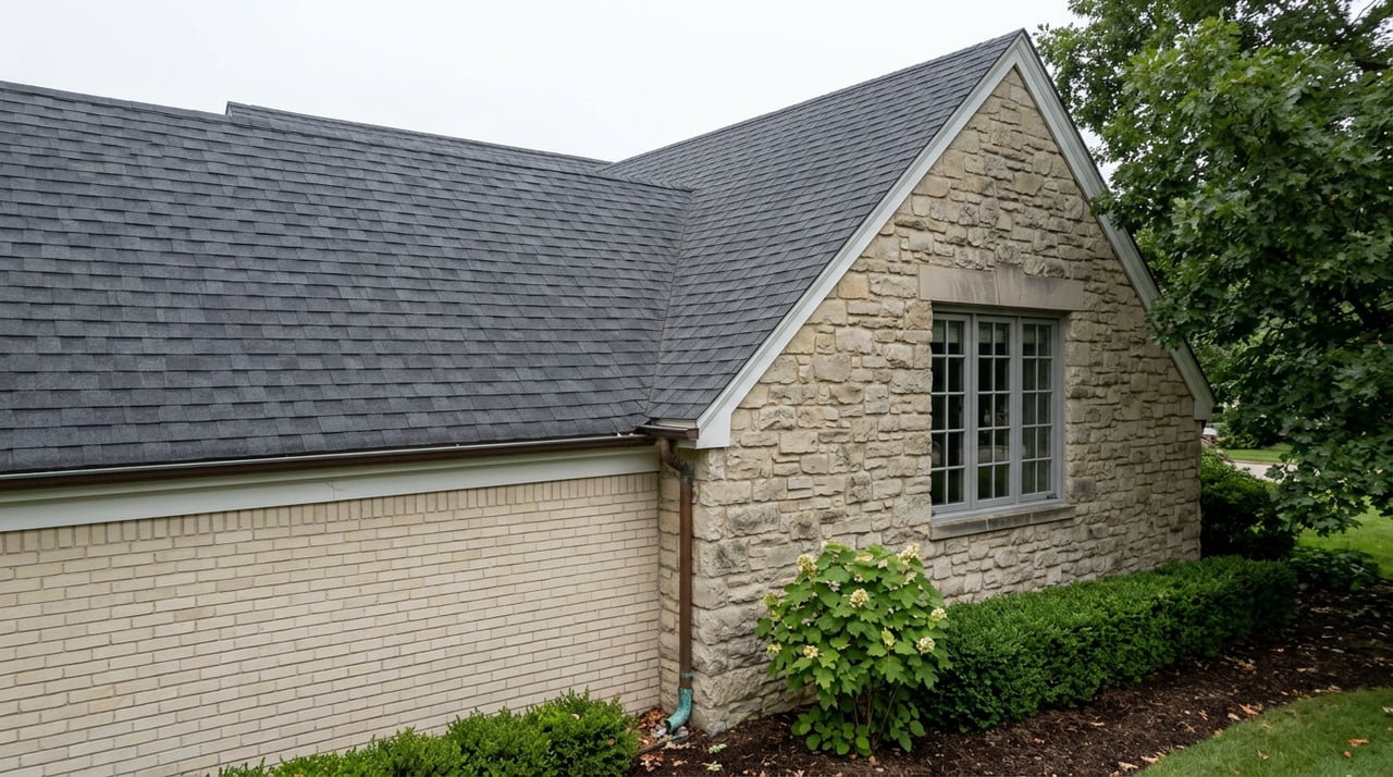 Fieldstone gable with a recessed multi-pane window above ivory brick, copper downspout, and clipped boxwood hedge.